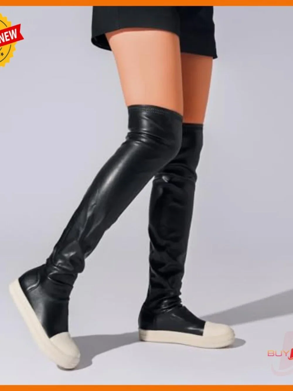 Thigh High Over the Knee Boots Flat Heel Round Toe Vegan Leather